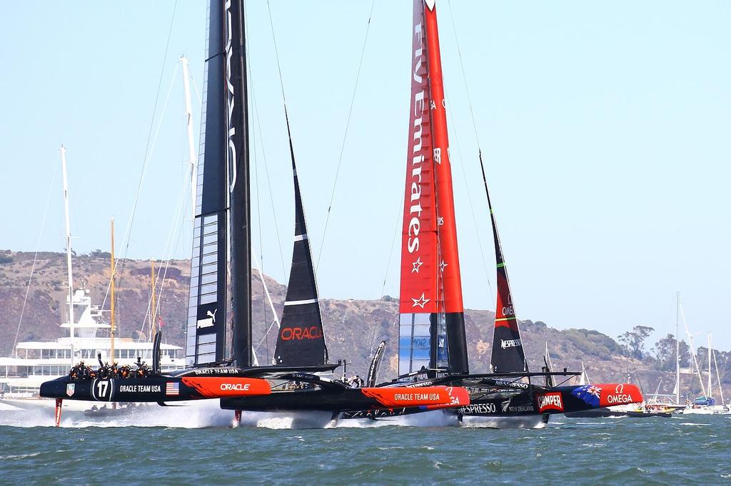 Oracle Team USA v Emirates Team New Zealand. America’s Cup Day 6 San Francisco. Emirates Team NZ and Oracle Team USA head for Mark 1 in Race 10 © Richard Gladwell www.photosport.co.nz